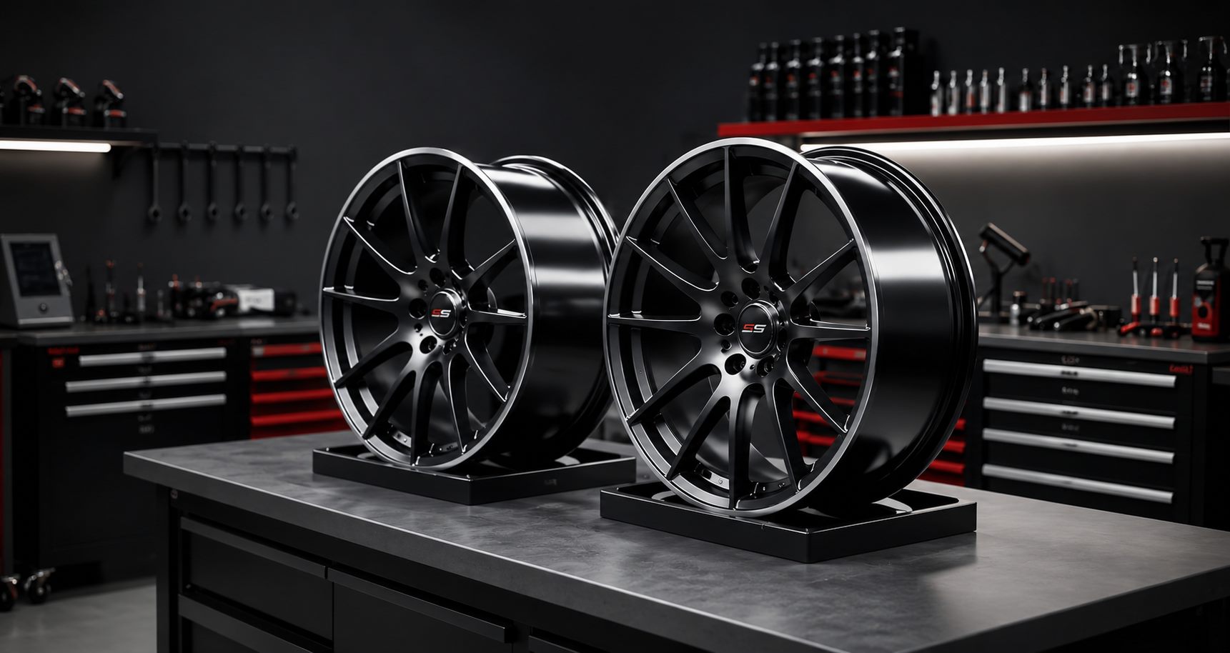 Two refinished black alloy wheels on the workbench