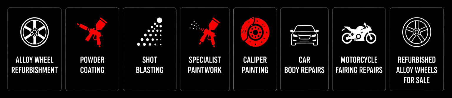 Alloy wheel refurbishment, powder coating, shot blasting, specialist paintwork, caliper painting, car body repairs, motorcycle fairing repairs, refurbished alloy wheels for sale